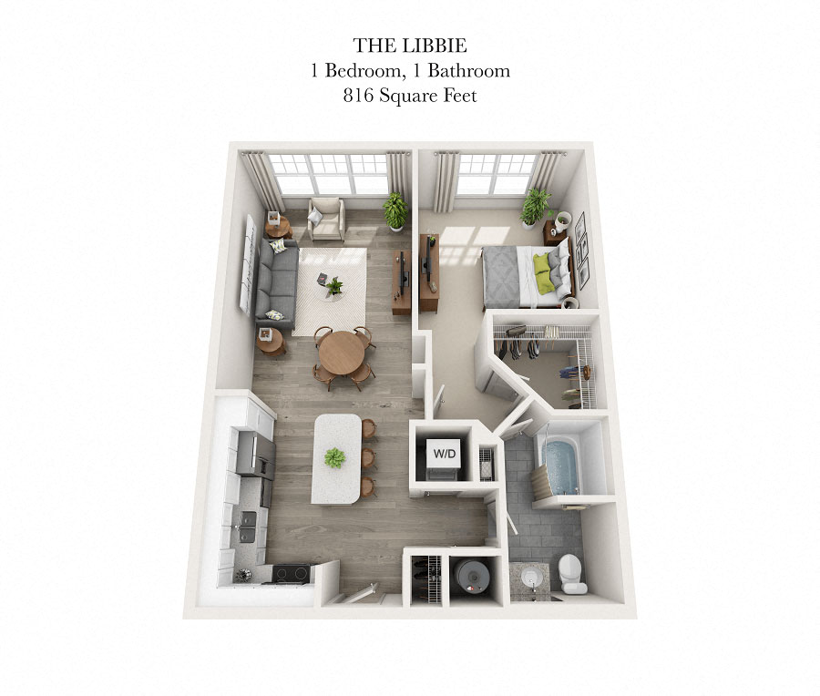 Floor plan for 1 bed, 1 bath, 832 sqft